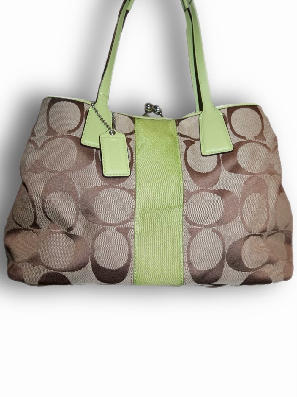Coach Signature Canvas and Leather Kisslock Carryall Tote y2k Green Stripe
